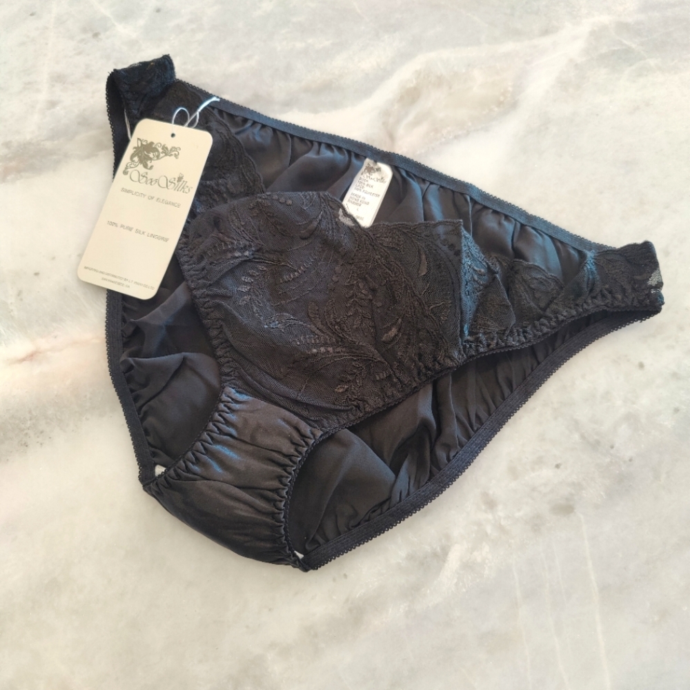 NWT Silk Panties with V-Cut Floral Lace | Vintage Satin Briefs- Black